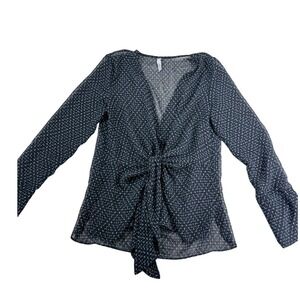 Mango Suit Womens Size 2 Navy Blue Sheer Micro Print Front Tie V-Neck Blouse